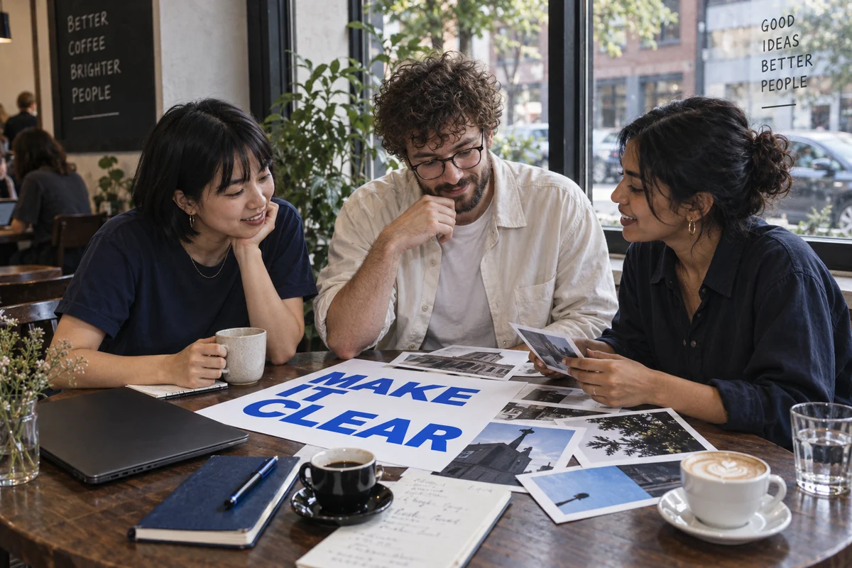 An imagined group reviewing a Make It Clear poster and photographs at a cafe table.