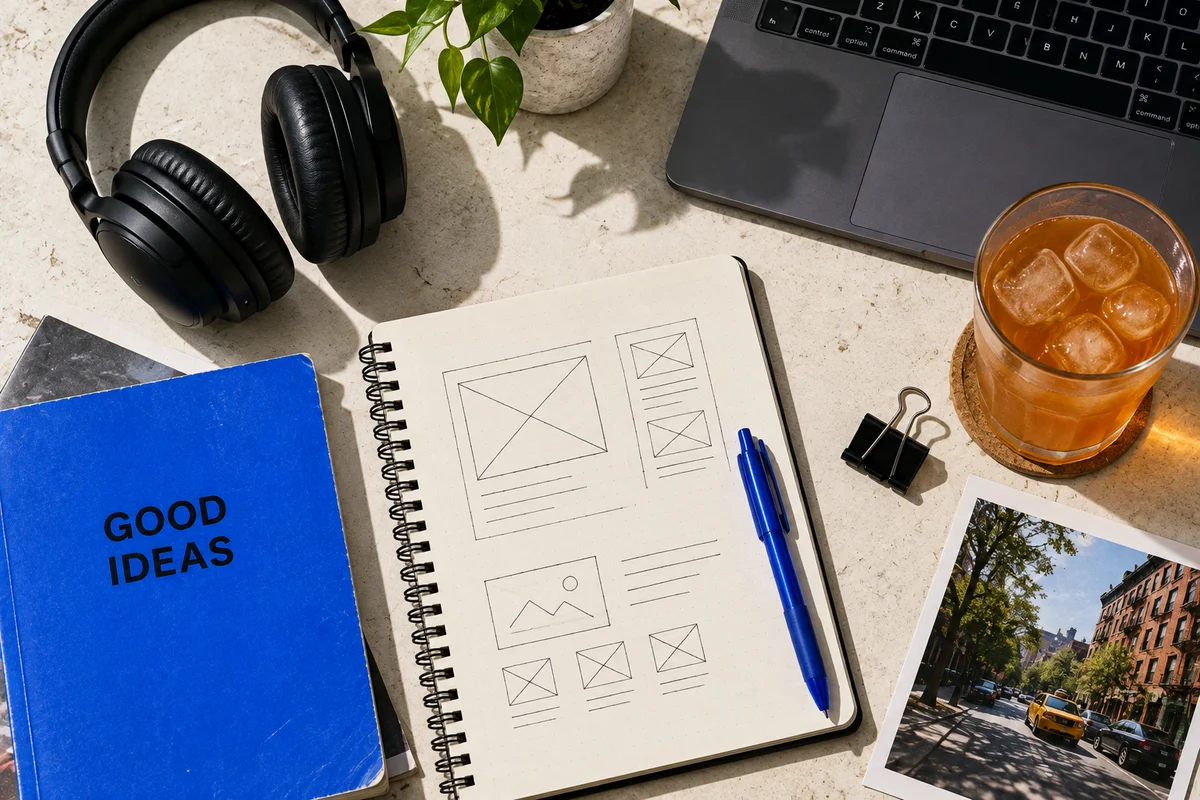 An illustrative creative workspace with a laptop, headphones, notebook and cobalt magazine.