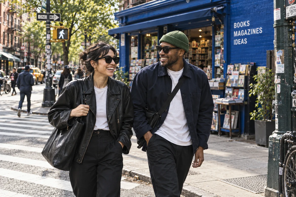 An illustrative scene of two friends walking beside a cobalt-blue independent bookshop.